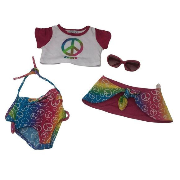 Build-A-Bear Workshop Other - Build A Bear Rainbow Peace Sign Bathing Swimsuit Wrap & Top BABW SunGlasses 4-pc